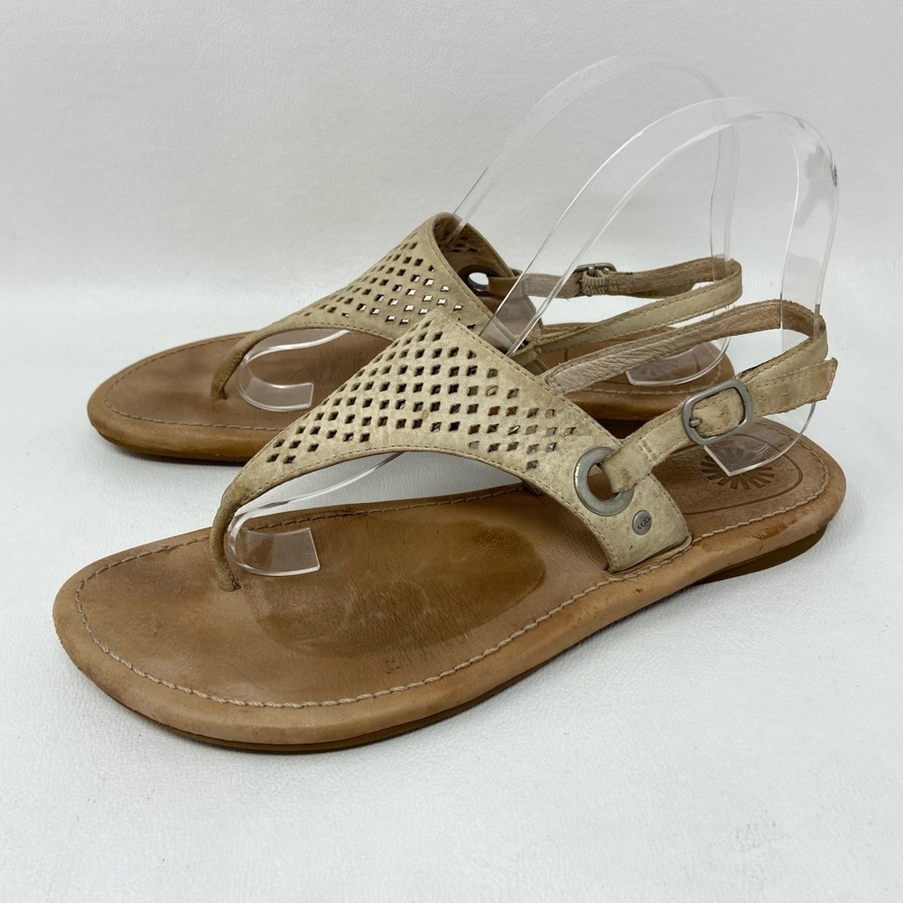 UGG Australia Cream Leather Thong Sandals With An Ankle Strap, Women’s Size 8